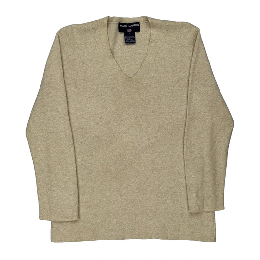 Ralph Lauren V-Neck Jumper - Large Beige Cotton Blend