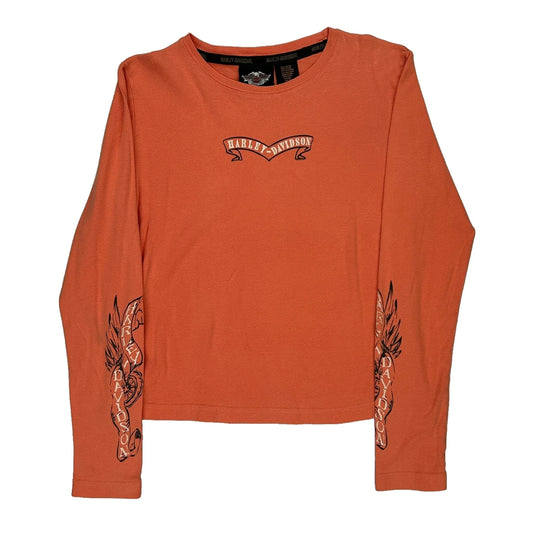 Harley Davidson Long Sleeve T-Shirt - Medium Orange Cotton