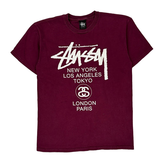 City Names Stussy T-Shirt - Medium Burgundy Cotton