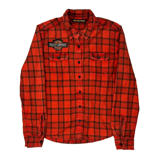 Harley Davidson Checked Flannel Shirt - Large Orange Cotton