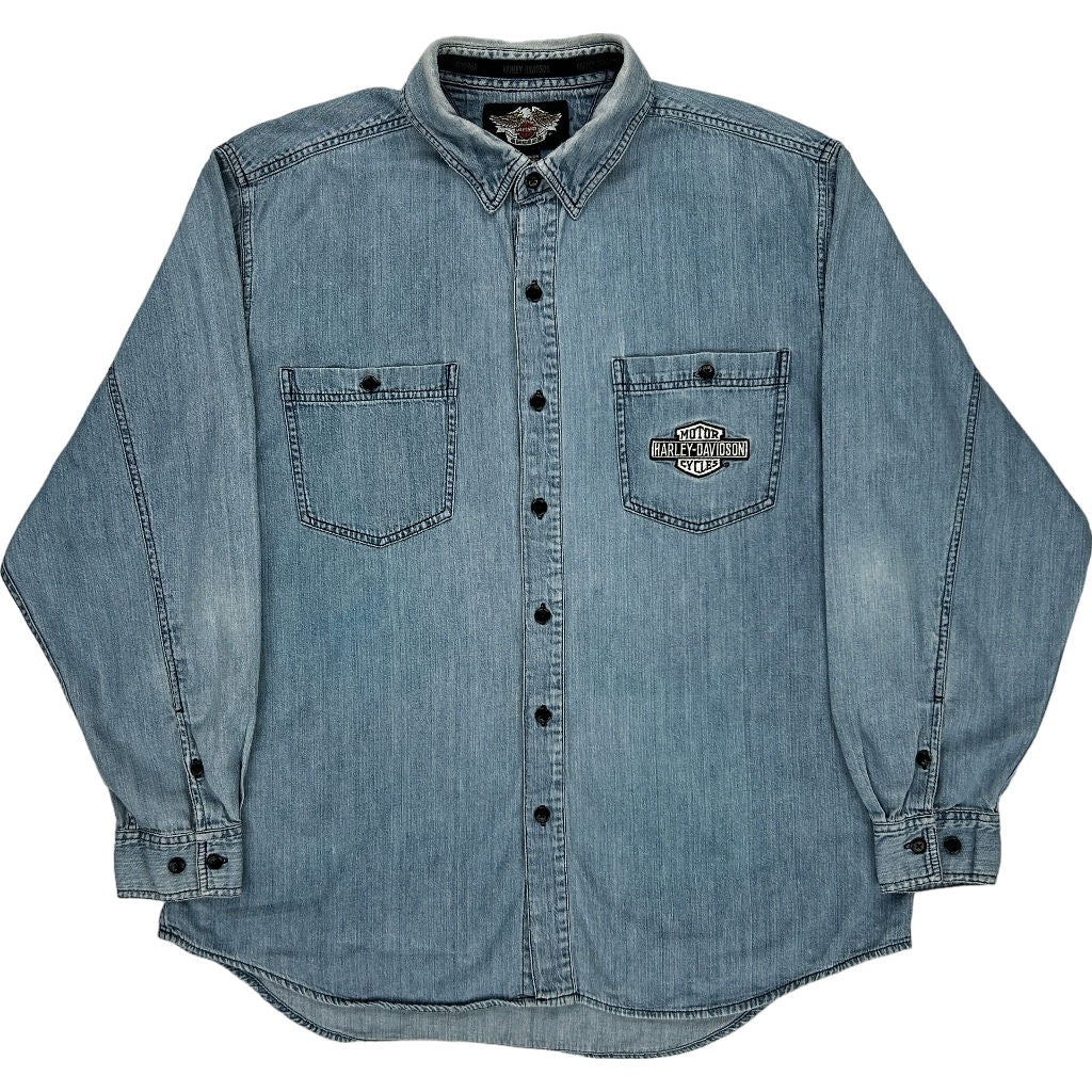 Harley-Davidson Long Sleeve Denim Shirt, Men's Size L cotton blue type Vintage Second Hand