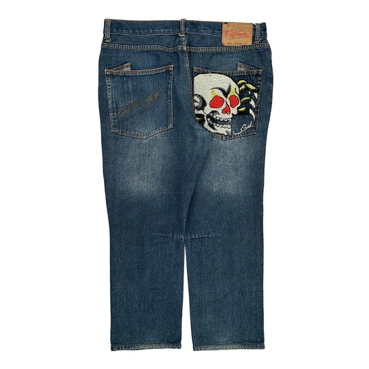 Ed Hardy Embroidered Jeans - 40W 28L Blue Cotton