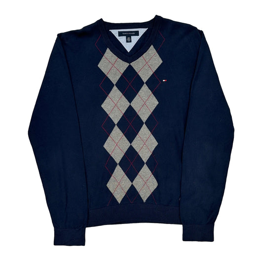 Tommy Hilfiger Argyle Jumper - Large Grey Cotton