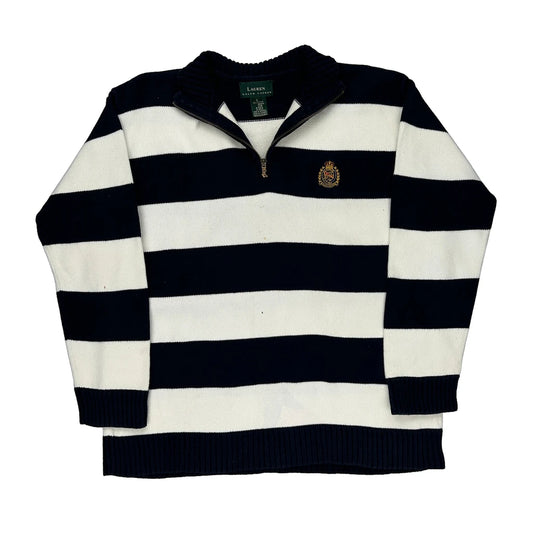 Ralph Lauren Striped 1/4 Zip - Large Black & White Cotton