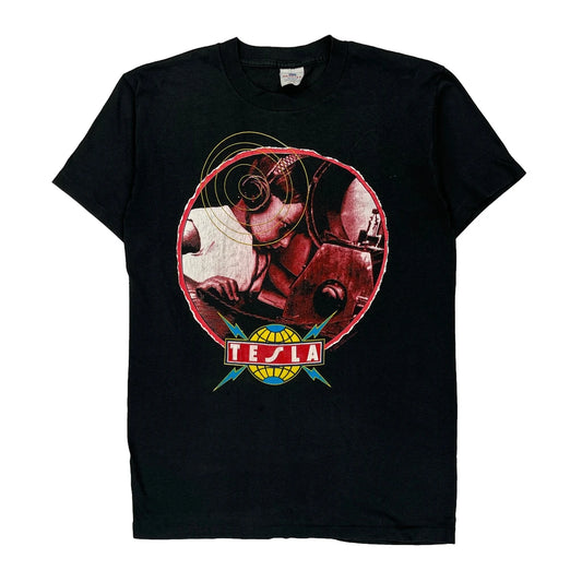 1989 Tesla The Great Radio Controversy World Tour Handtex Band T-Shirt - Large Black Cotton Blend