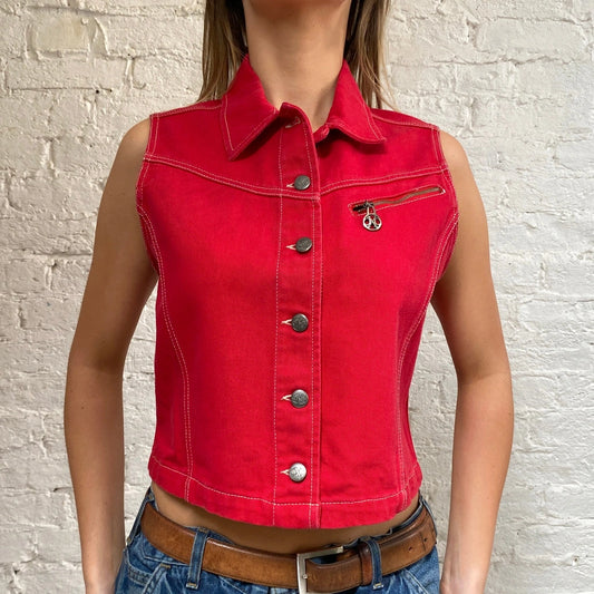 Vintage red Cento Denim Gilet - womens small