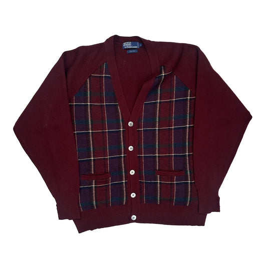 Wool Polo By Ralph Lauren Checked Cardigan - Large Burgundy Wool