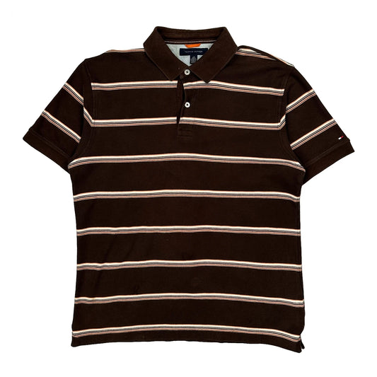 Tommy Hilfiger Striped Polo Shirt - Large Brown Cotton