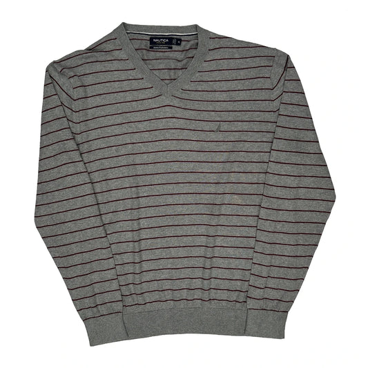 Vintage Nautica Striped Jumper - XL Grey Cotton