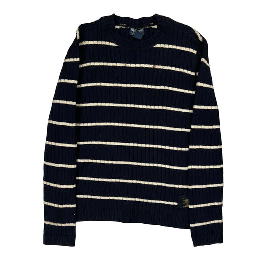 Vintage Polo By Ralph Lauren Striped Cable Knit Sweater - Small Navy Cotton