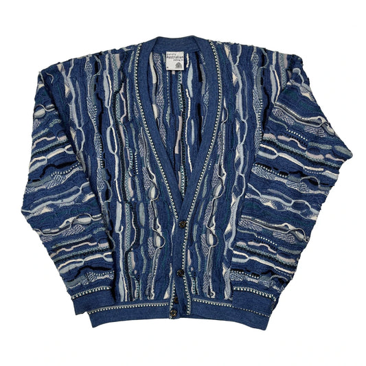 Australian Coogi Style 3D Knit Cardigan - XL Blue Wool