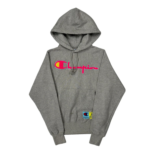 Vintage Reverse Weave Champion Spellout Hoodie - XS Grey Cotton Blend