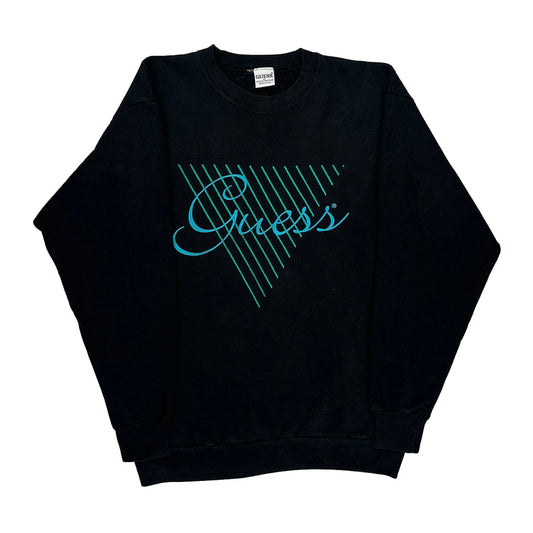 Made In USA Guess Spellout Sweatshirt - Large Black Cotton