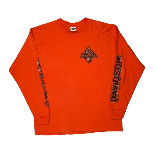 Harley Davidson Graphic Long Sleeve T-Shirt - XL Orange Cotton