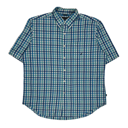 Nautica Checked Short Sleeve Shirt - XL Blue Cotton