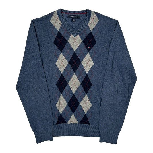 Vintage Tommy Hilfiger Argyle Jumper - Large Blue Cotton