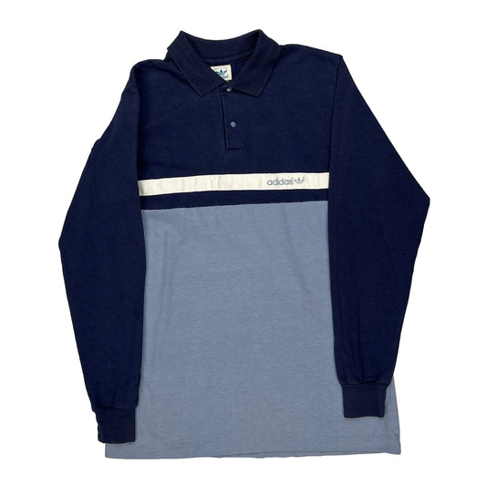 Adidas Striped Long Sleeve Polo Shirt - Large Blue Cotton
