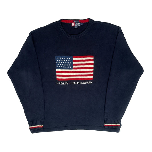 American Flag Chaps Ralph Lauren Graphic Hand Framed Jumper - Large Navy Cotton