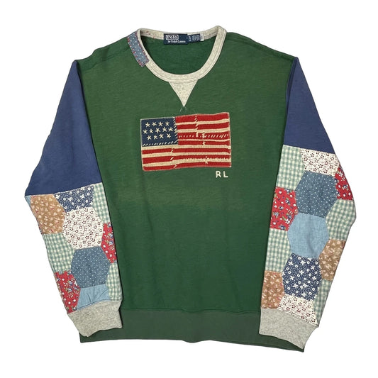 American Polo By Ralph Lauren Flag Patchwork Sleeve Sweatshirt - XL Green Cotton