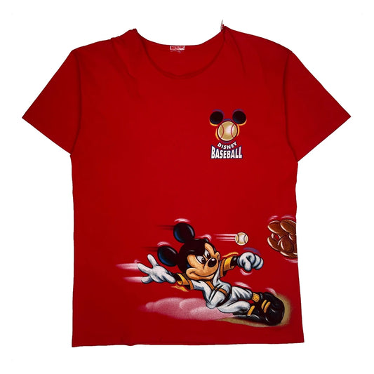 Baseball Mickey Mouse Disney Cartoon T-Shirt - Small Red Cotton