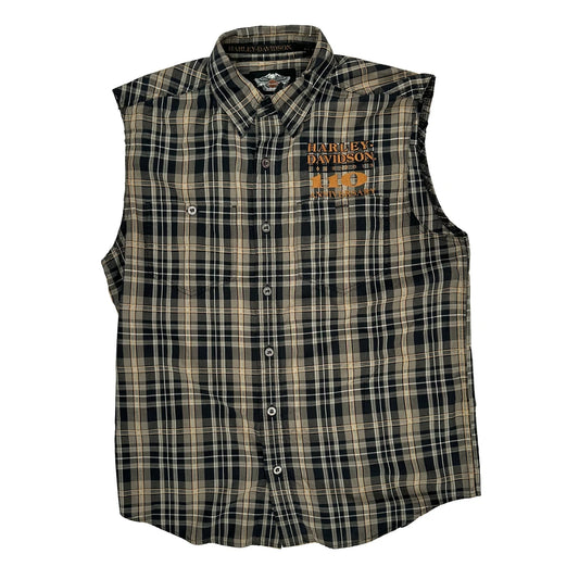 Harley Davidson Checked Flannel Shirt - Large Beige Cotton Blend