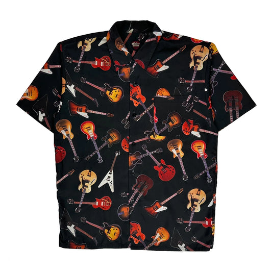 Guitar Print Gibson Tour Wear Graphic Hawaiian Shirt - Large Black Polyester
