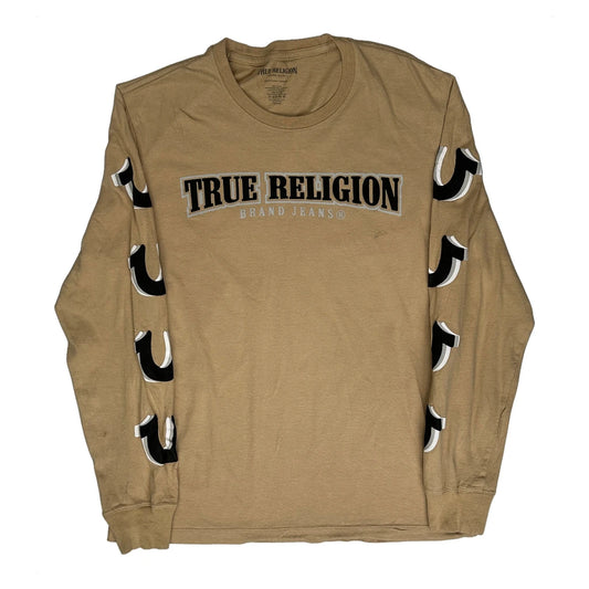 True Religion Spellout Long Sleeve T-Shirt - Medium Beige Cotton