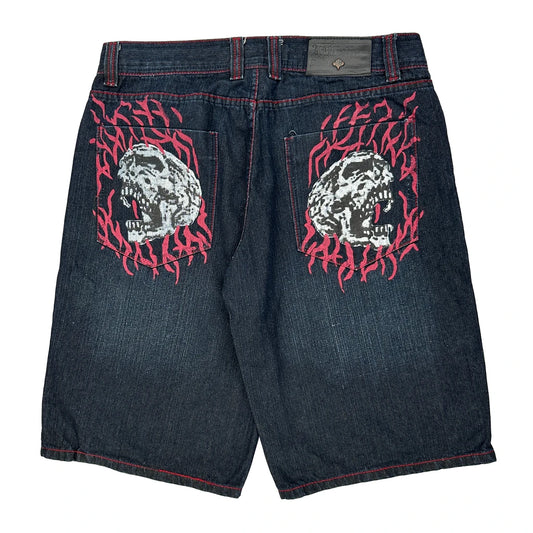 Skull Design Afflictoion Graphic Denim Shorts - 36W 12L Red Cotton