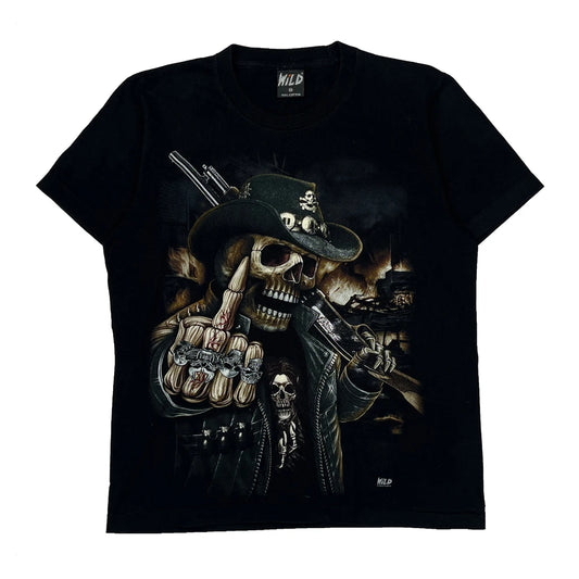 Skull Cowboy Design Wild Single Stitch T-Shirt - Medium Black Cotton