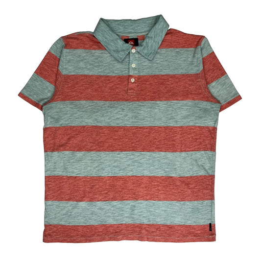 Vintage Quiksilver Striped Polo Shirt - Large Blue Cotton Blend
