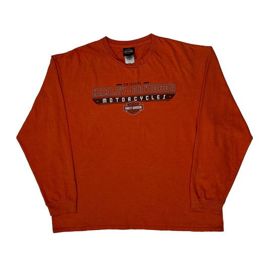 Dealer Location Print Harley Davidson Graphic Long Sleeve T-Shirt - 2XL Orange Cotton