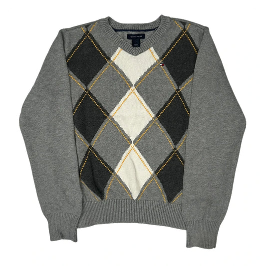 Age 7 Tommy Hilfiger Argyle Jumper - Small Grey Knitted
