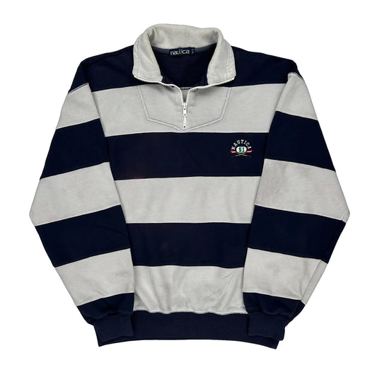 Nautica Striped 1/4 Zip - Large Grey Cotton
