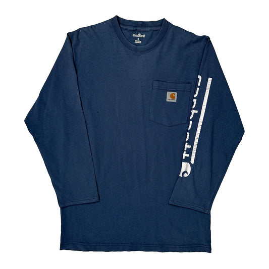 Carhartt Spellout Long Sleeve T-Shirt - Small Blue Cotton