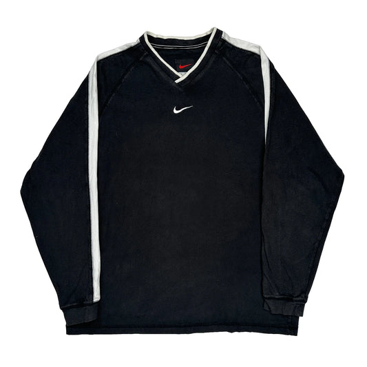 Nike V-Neck Long Sleeve T-Shirt - Large Black Cotton