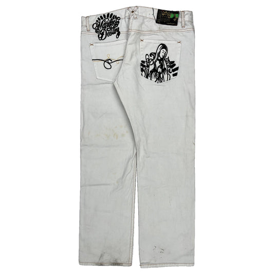 Virgin Mary Graphic Lrg Graphic Jeans - 38W 32L White Cotton