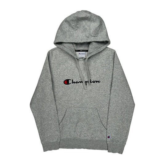 Vintage Champion Spellout Hoodie - Large Gray Cotton Blend