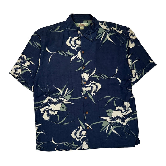 Tommy Bahama Floral Hawaiian Shirt - Medium Blue Silk