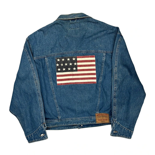 80S Made In USA Polo Country Ralph Lauren American Flag Denim Jacket - Medium Blue Cotton