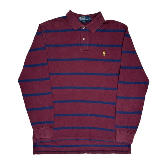 Polo By Ralph Lauren Striped Long Sleeve Polo Shirt - Large Burgundy Cotton