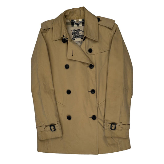 Burberry Double Breasted Checked Trench Coat - Small Beige Cotton