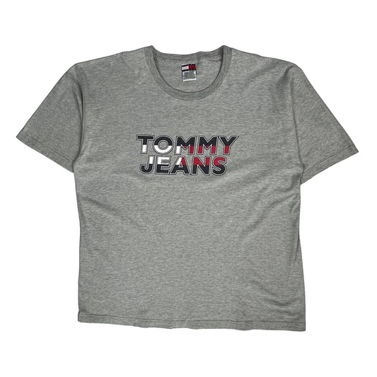 Vintage Tommy Jeans Spellout T-Shirt - 2XL Grey Cotton