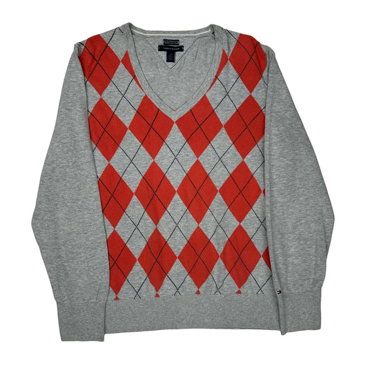 V-Neck Tommy Hilfiger Argyle Sweater - Large Gray Cotton