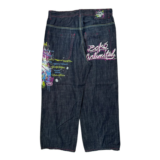 Graffiti Ecko Unltd Baggy Graphic Jeans - 34W 27L Dark Wash Cotton