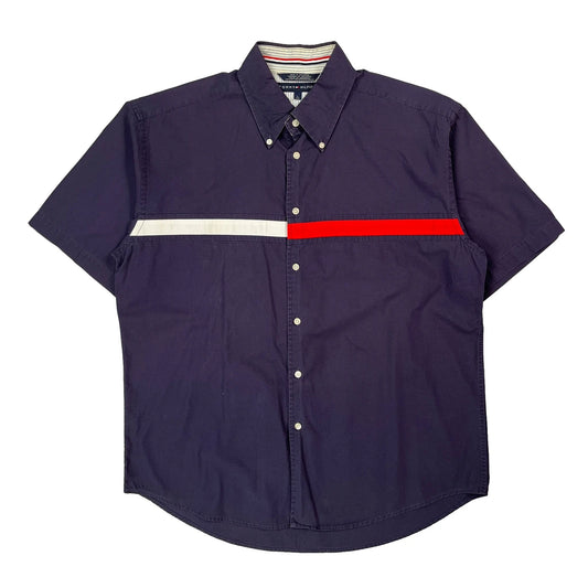 Tommy Hilfiger Striped Short Sleeve Shirt - Large Purple Cotton