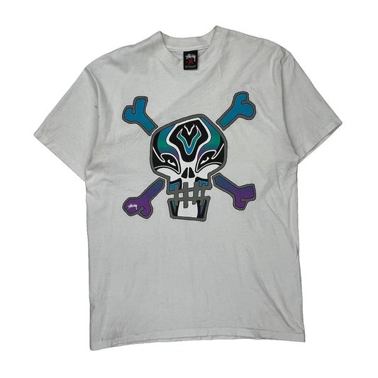 Skull And Crossbones Design Stussy T-Shirt - Medium White Cotton