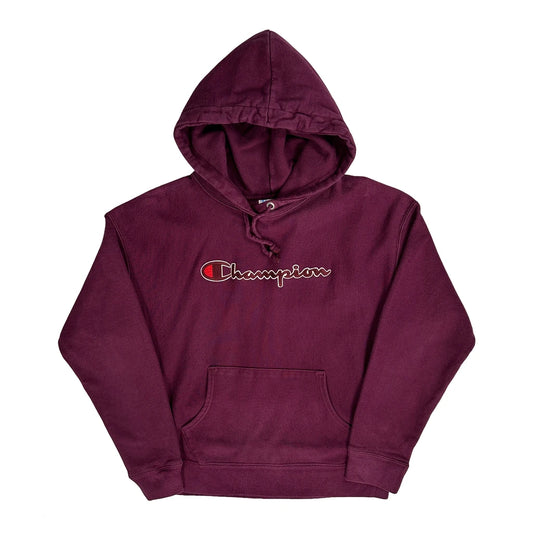 Reverse Weave Champion Spellout Hoodie - Large Burgundy Cotton