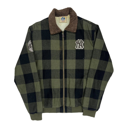 New York Yankees Majestic Checked Bomber Jacket - XL Green Cotton