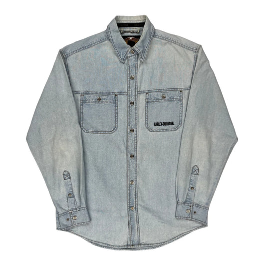 An American Legend Harley Davidson Graphic Denim Shirt - Small Light Wash Cotton