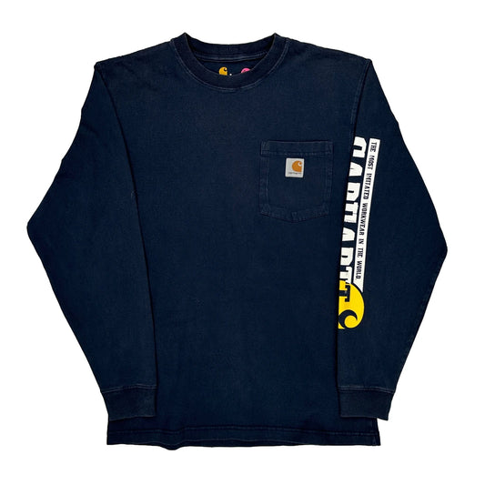 Original Fit Carhartt Spellout Long Sleeve T-Shirt - Small Navy Cotton